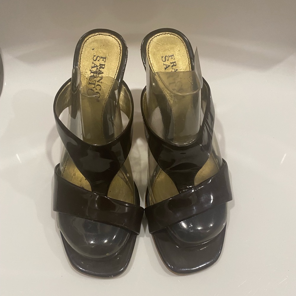Franco Sarto Brown Patent Wicker Wedge Slide - 6.5M